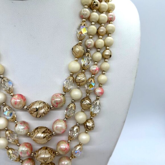 Vintage 4-Strand Japan Necklace Pink Swirled Beads Glass Acrylic Gold-Tone 1950s - Picture 6 of 16
